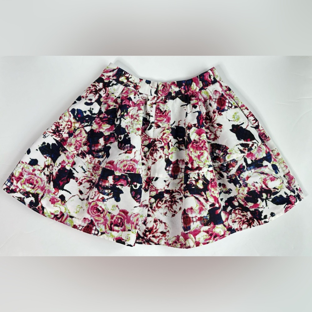 Floral A-line Tiered Full Mini Skirt Textured Grosgrain Fabric Lined w Pockets 4 - Picture 13 of 15